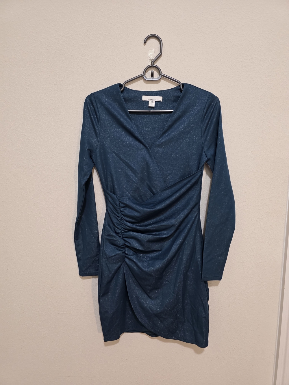 Long-Sleeve Teal Ruched Wrap-Front Dress